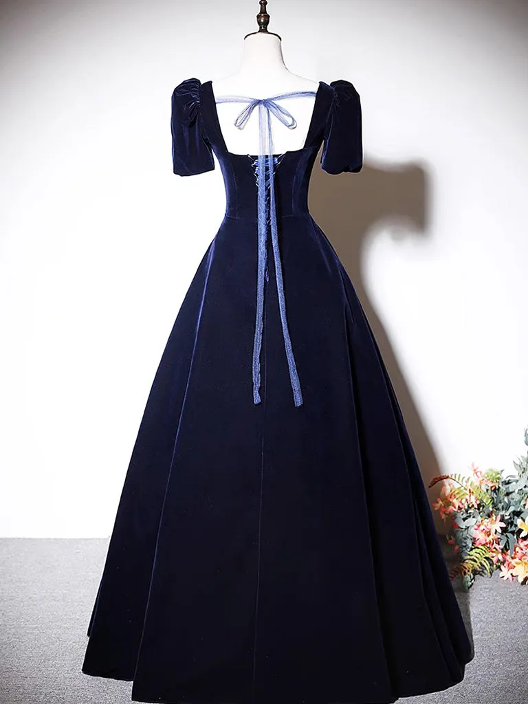 A-Line Dark Blue Velvet Long Prom Dress, Blue Formal Evening Dress