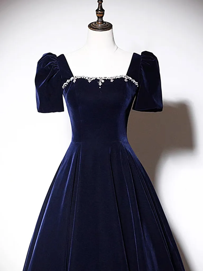 A-Line Dark Blue Velvet Long Prom Dress, Blue Formal Evening Dress