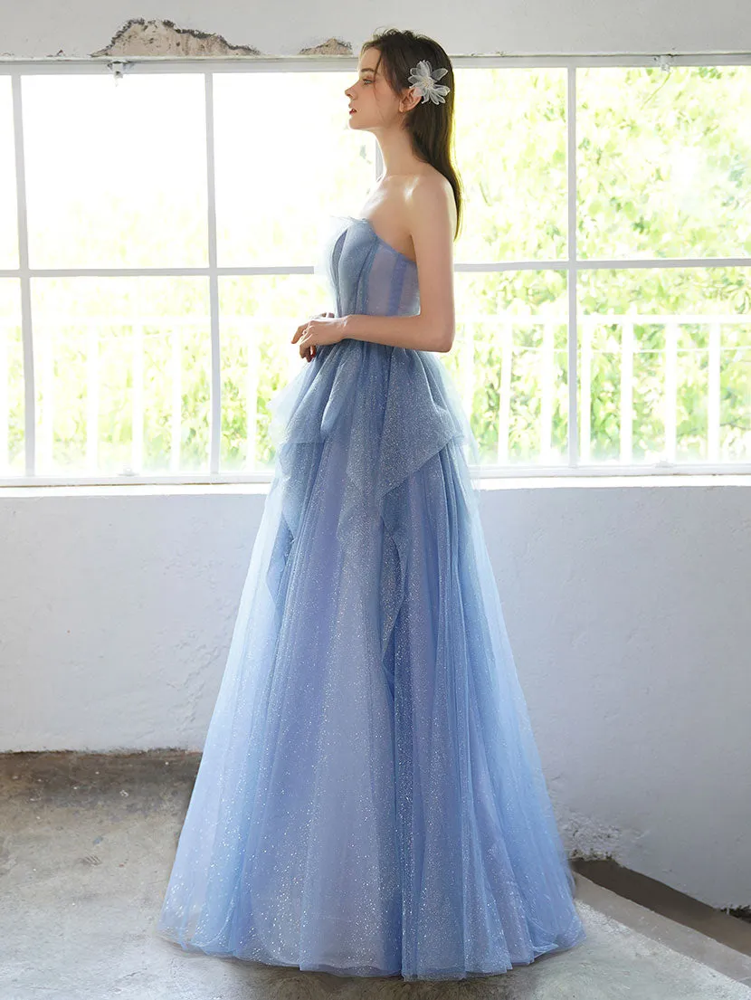 A line sweetheart neck tulle long prom dress, tulle formal evening dress