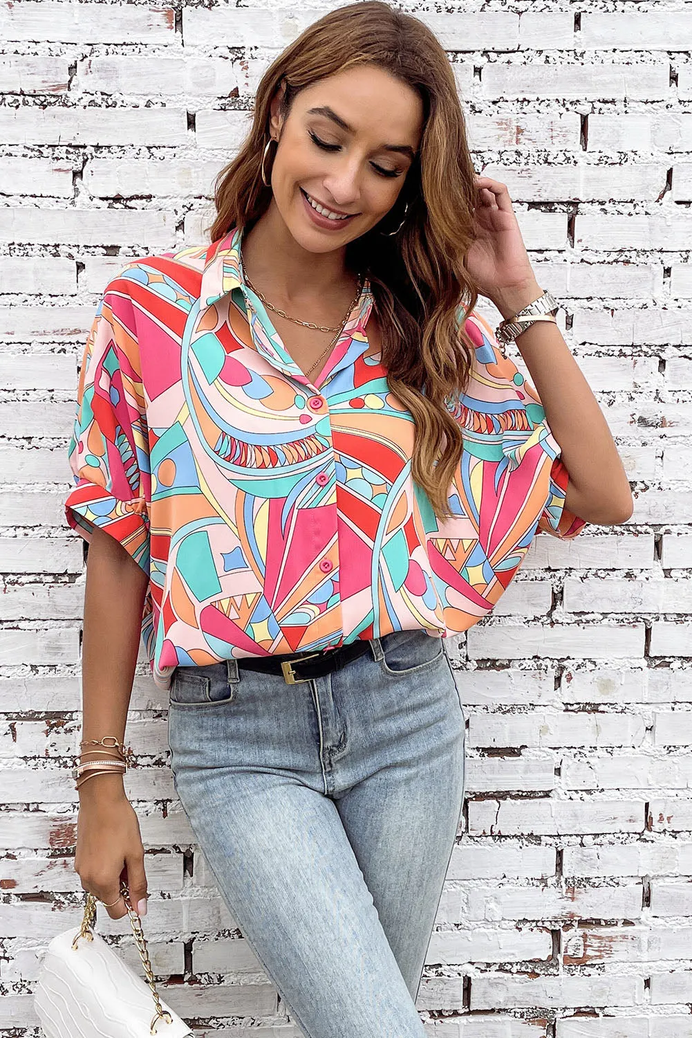 Abstract Half Puff Sleeve Loose Shirt