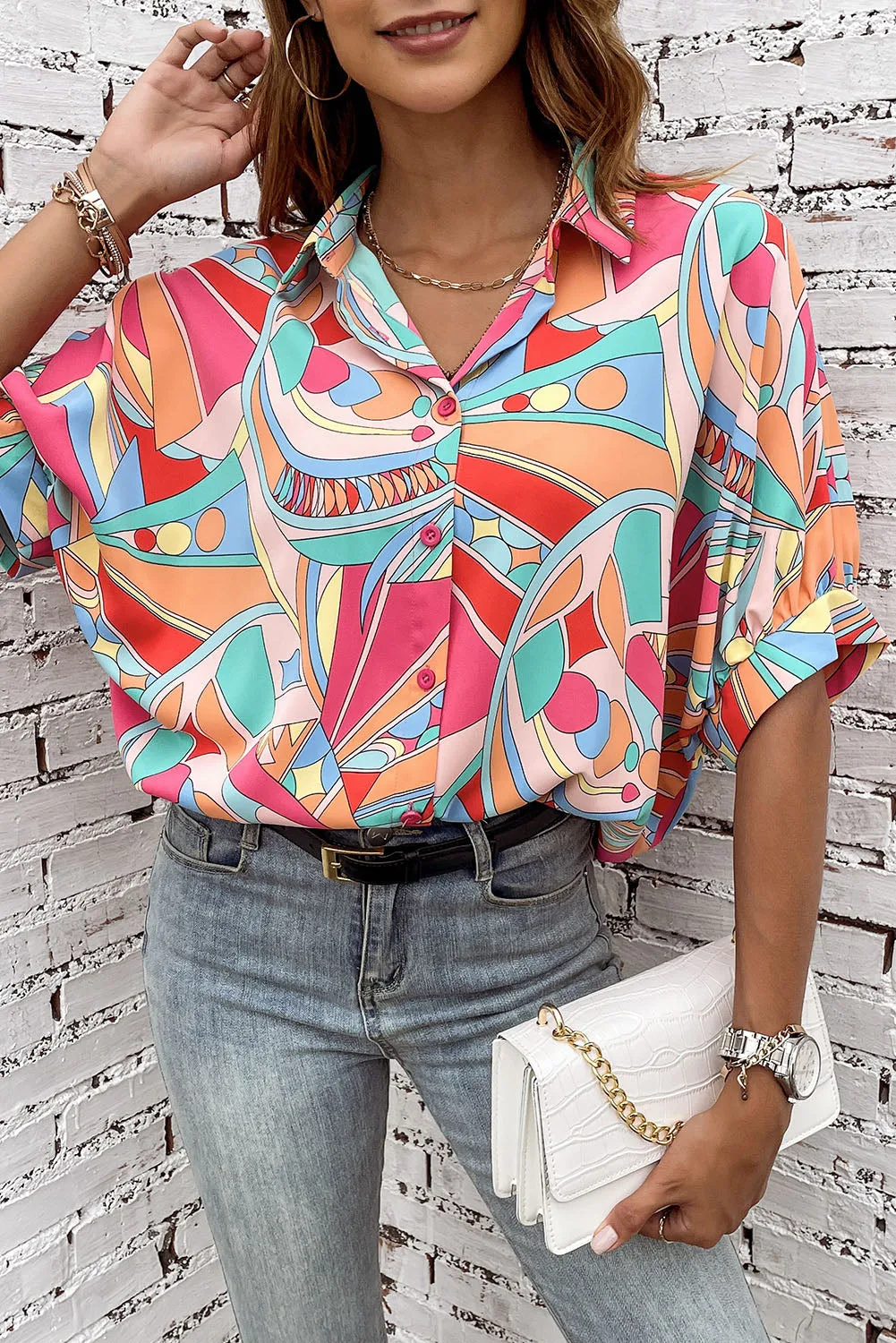 Abstract Half Puff Sleeve Loose Shirt