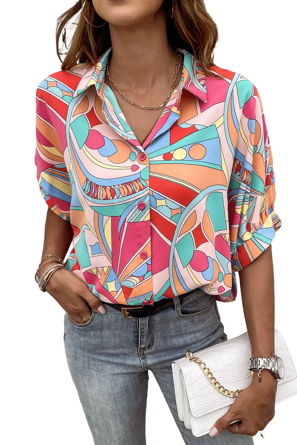 Abstract Half Puff Sleeve Loose Shirt