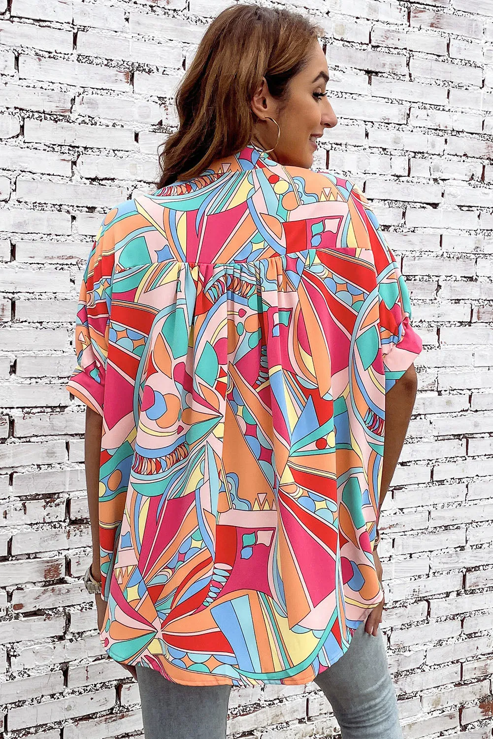 Abstract Half Puff Sleeve Loose Shirt