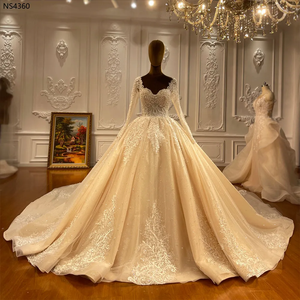 AM1168 Long Sleeve Lace Champagne Luxury Wedding Dress