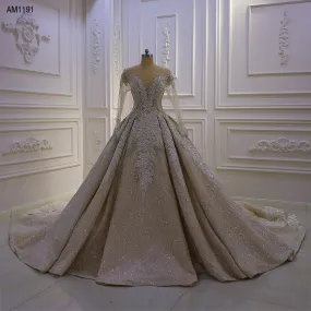 AM1191 Luxury Long Sleeves Lace Champagne pearl beaded luxury Wedding Dress