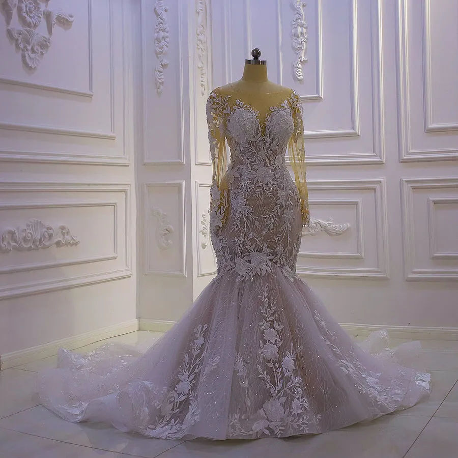 AM1195 Sheer Flowers Mermaid luxury Wedding Dress