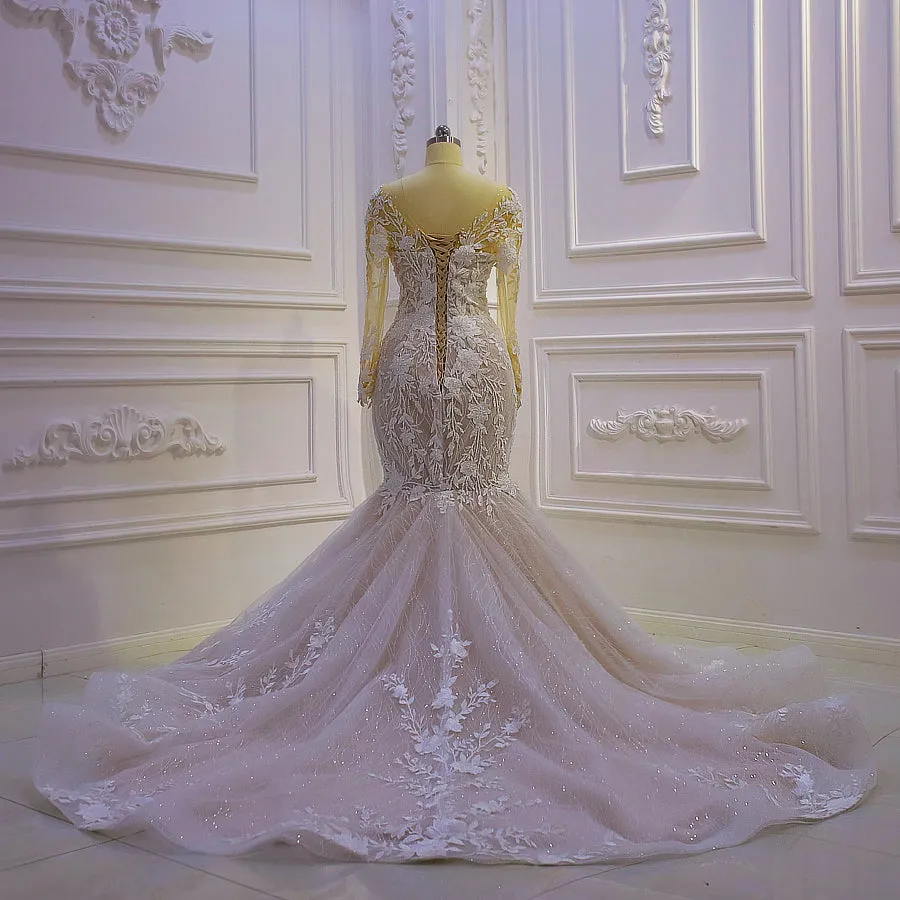 AM1195 Sheer Flowers Mermaid luxury Wedding Dress