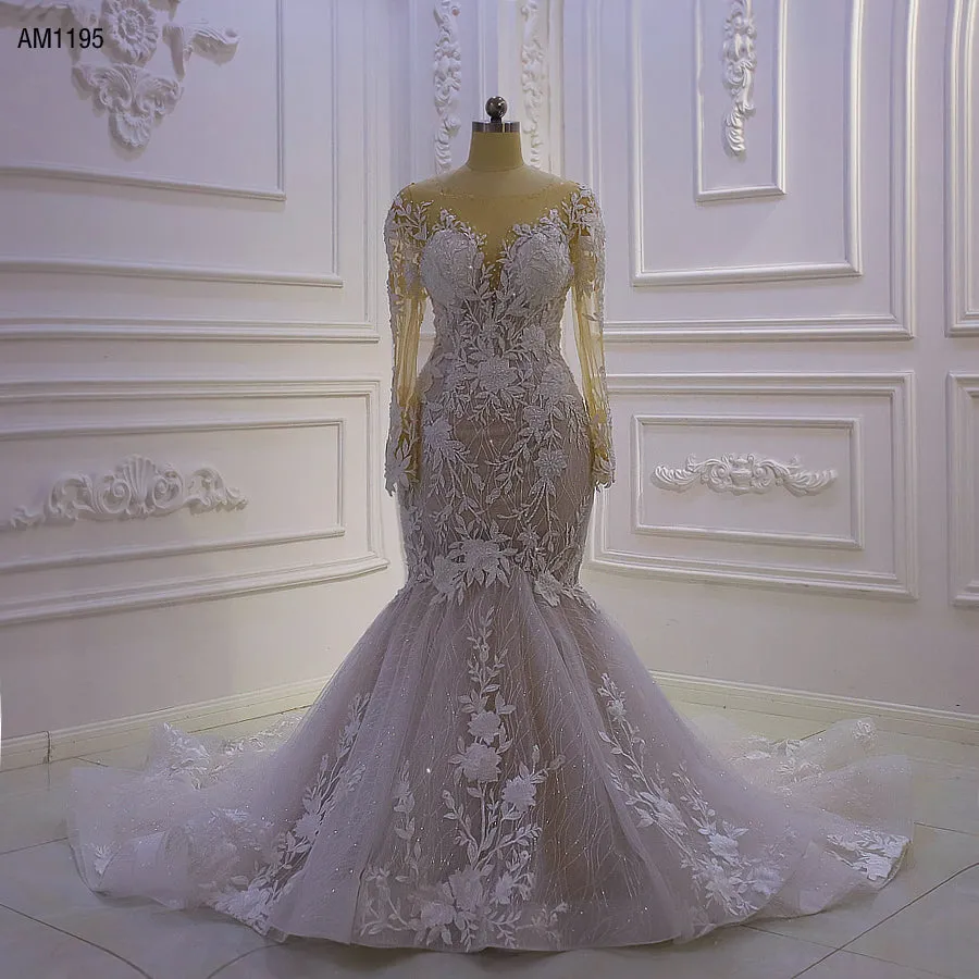 AM1195 Sheer Flowers Mermaid luxury Wedding Dress