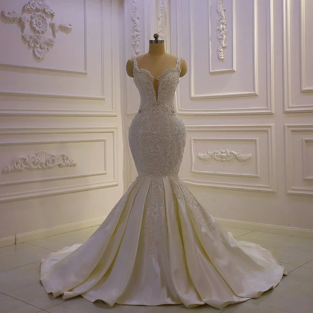 AM1243 Customized Beaded Satin Luxury Mermaid Wedding Dress