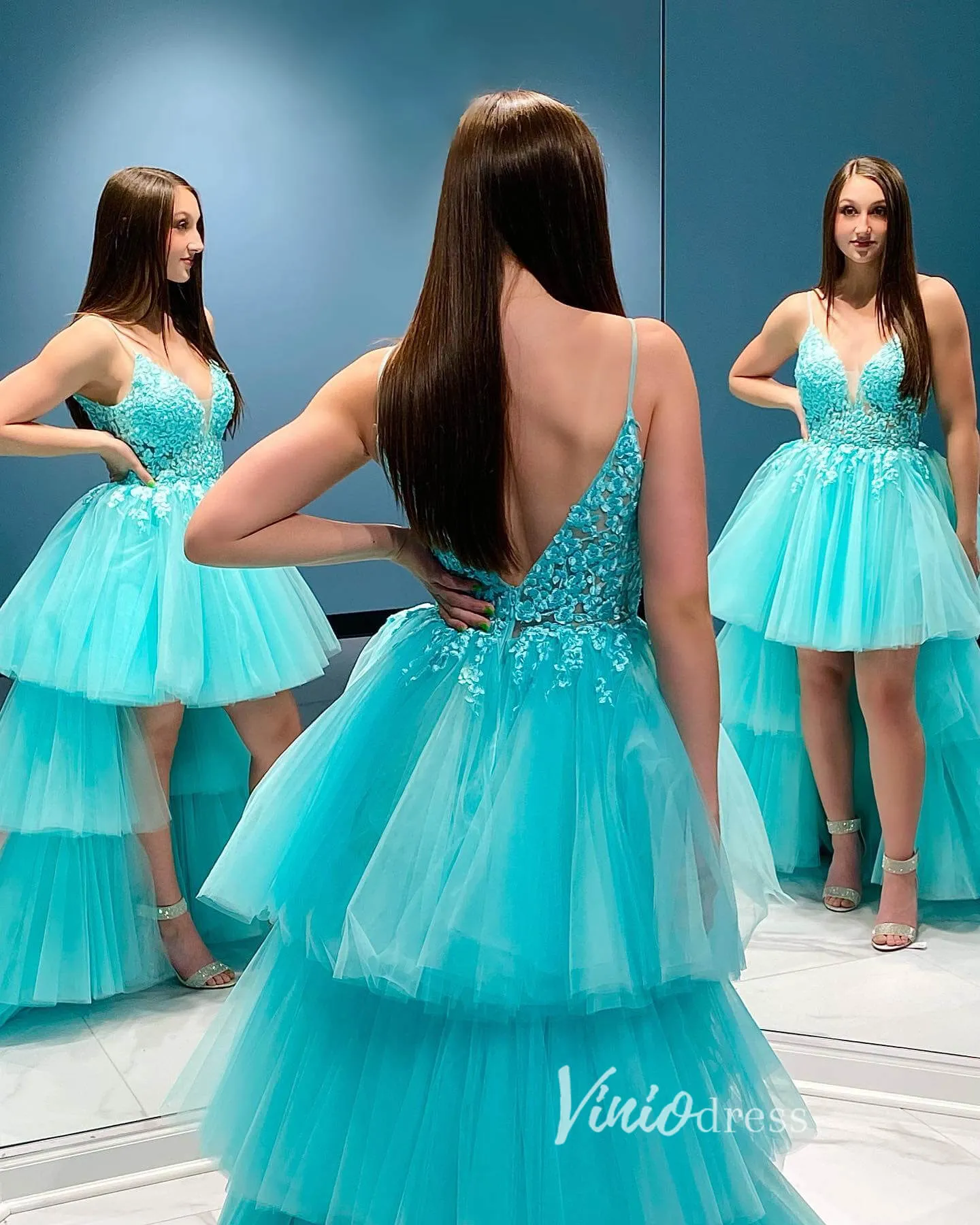 Aqua Ruffle High-Low Prom Dresses Lace Applique Spaghetti Strap Formal Dress FD3631