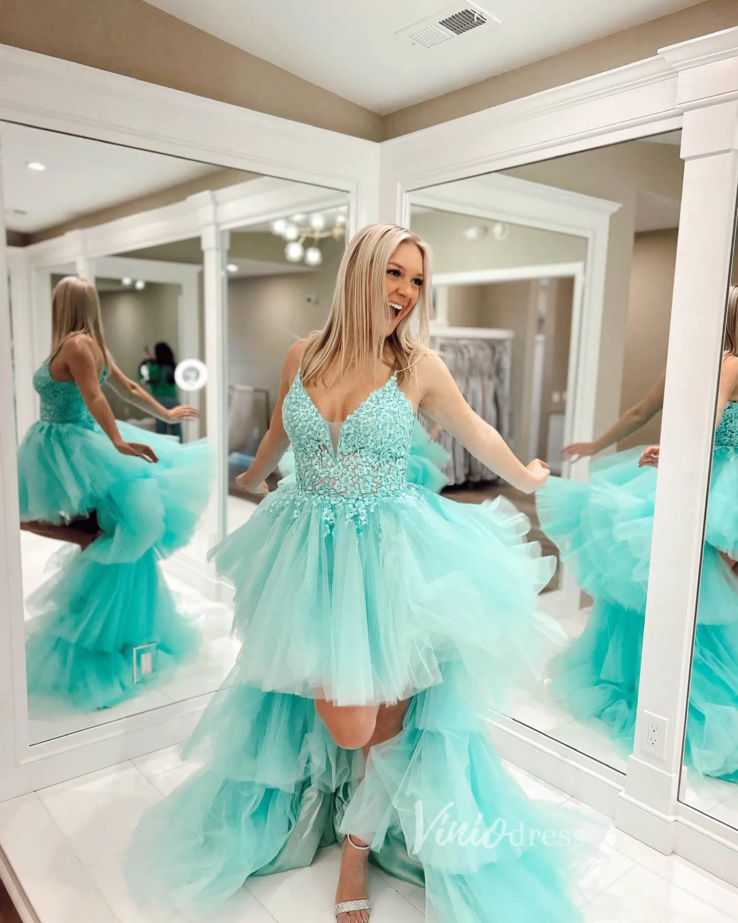 Aqua Ruffle High-Low Prom Dresses Lace Applique Spaghetti Strap Formal Dress FD3631