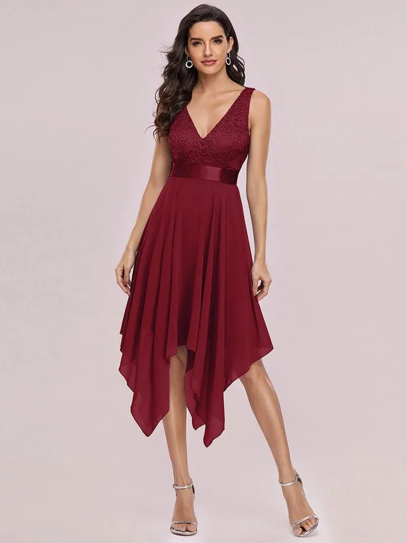 Asymmetrical Lace Top V-Neck Formal Dress