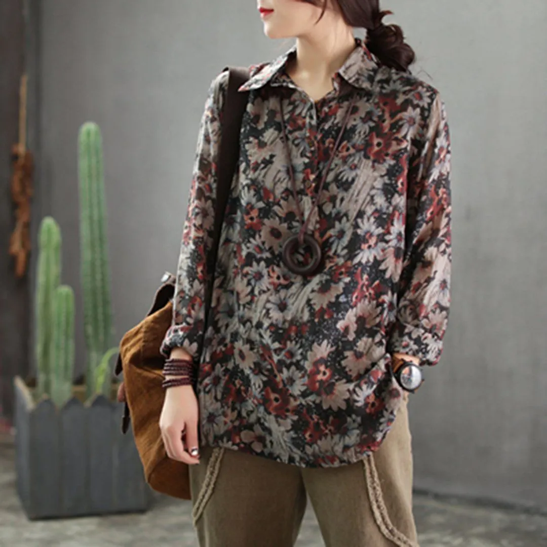 BABAKUD Flower Printed Casual Loose Linen Long Sleeve Shirt