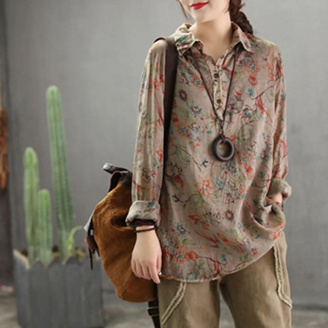 BABAKUD Flower Printed Casual Loose Linen Long Sleeve Shirt