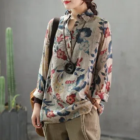 BABAKUD Flower Printed Casual Loose Linen Long Sleeve Shirt