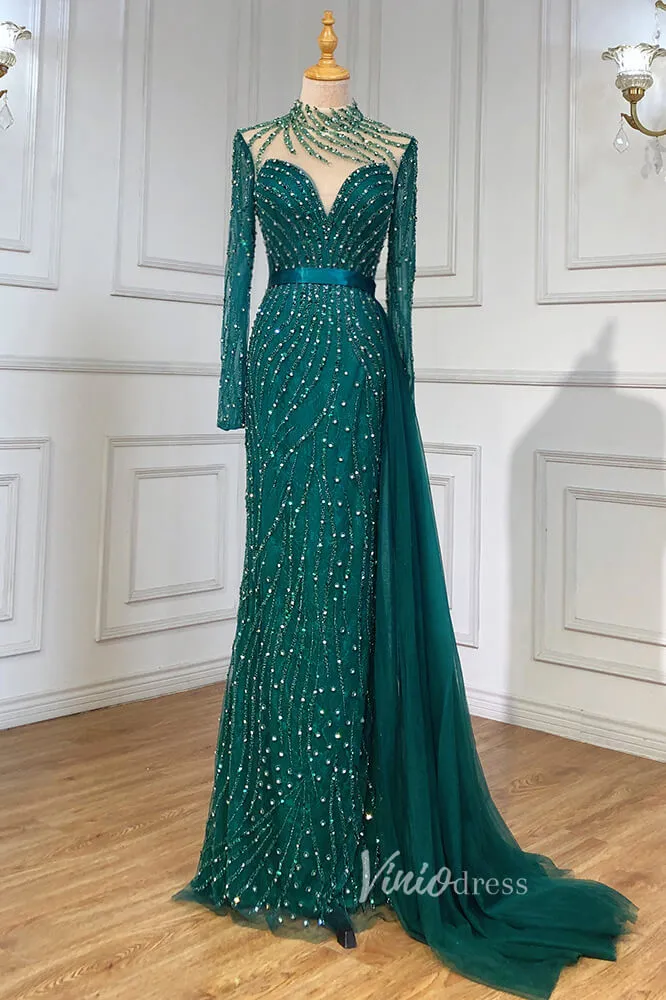 Beaded Mermaid Formal Dresses Long Sleeve High Neck Pageant Dress FD3002