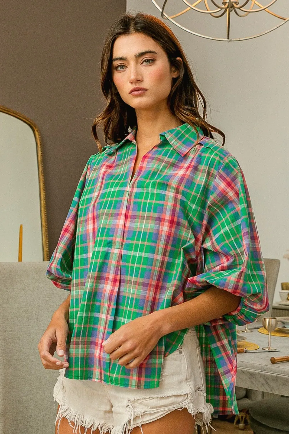 BiBi Plaid Balloon Sleeve Blouse