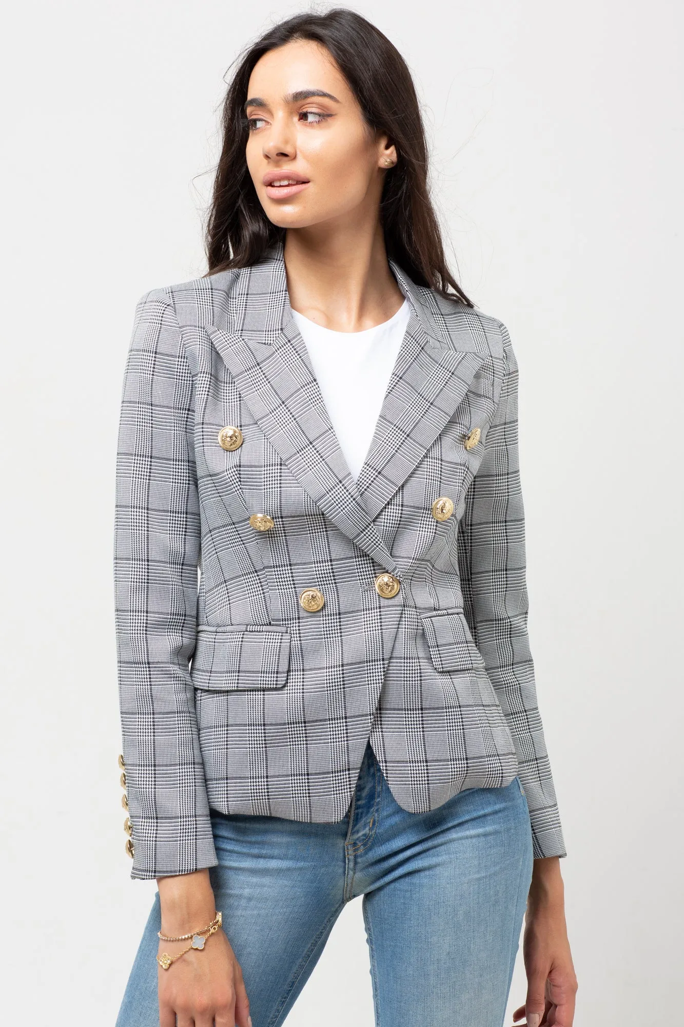 BLACK & WHITE PLAID BLAZER GOLD BUTTONS