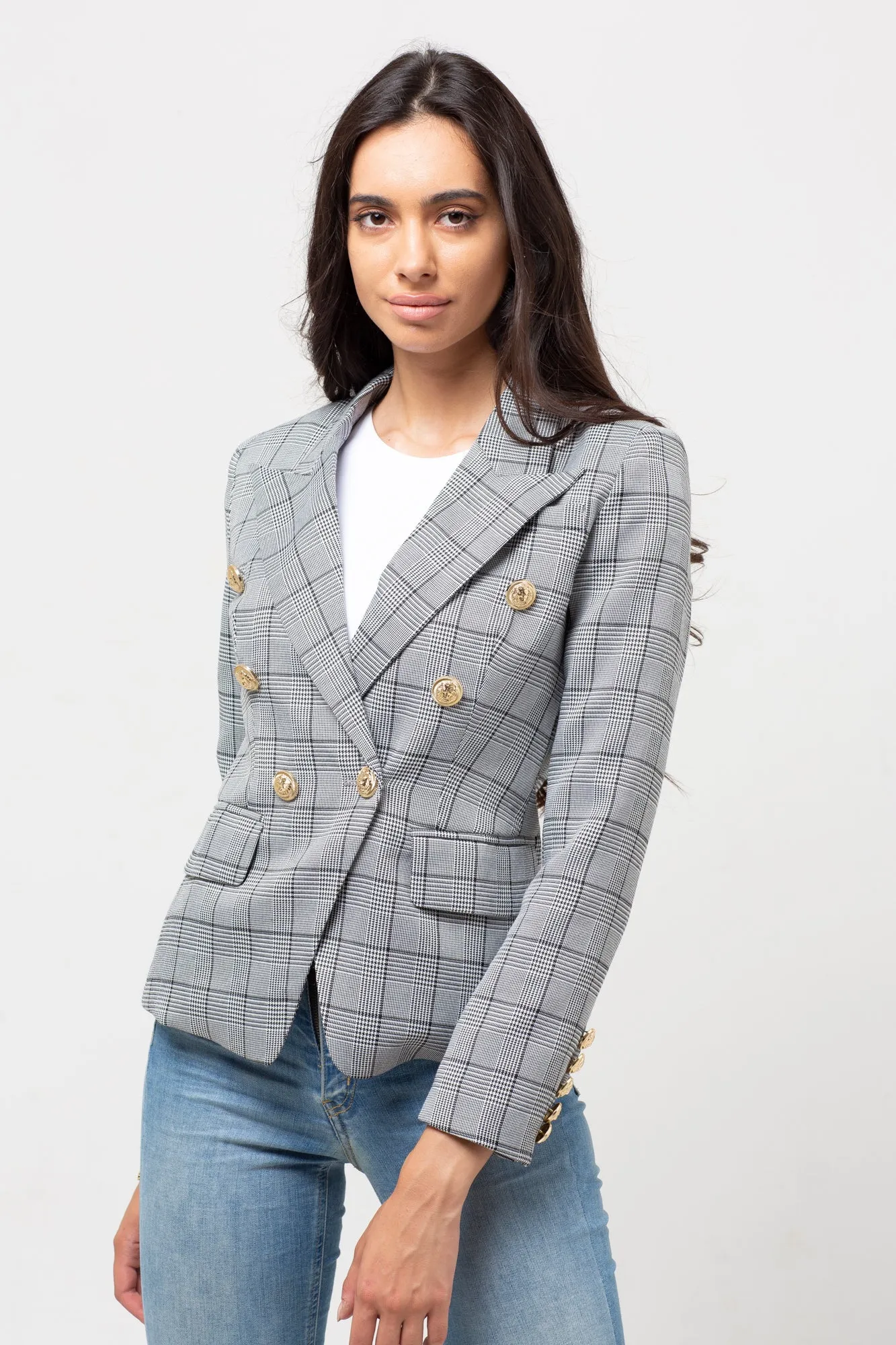 BLACK & WHITE PLAID BLAZER GOLD BUTTONS