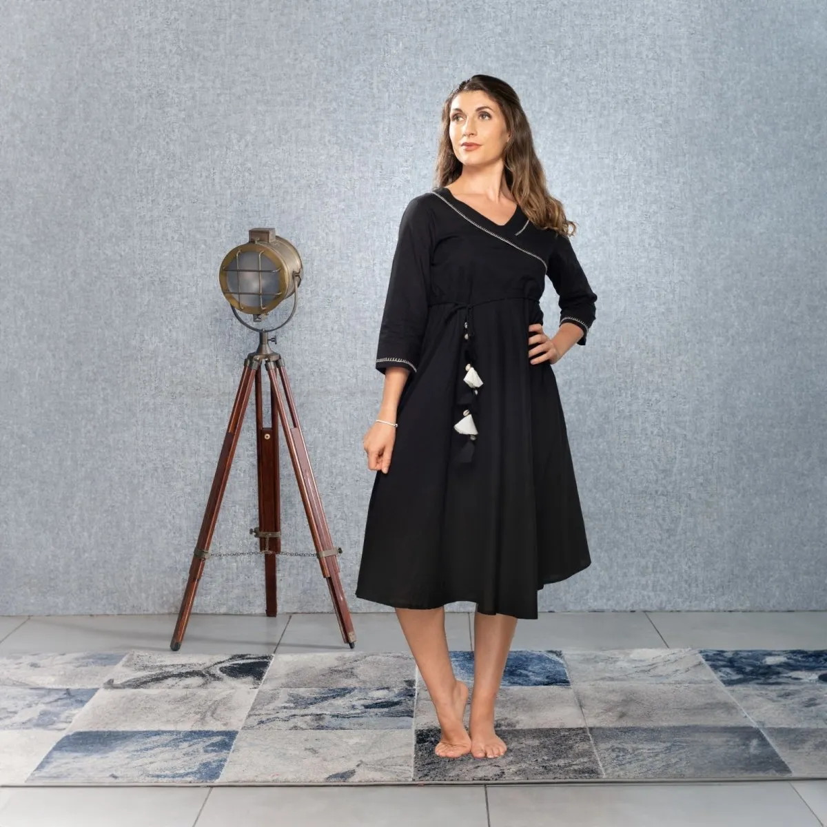 Black Hand Embroidered Cotton Wrap Office Dress