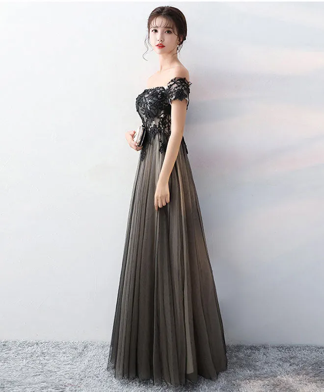 Black Lace Tulle Long Prom Dress, Black Formal Party Dress