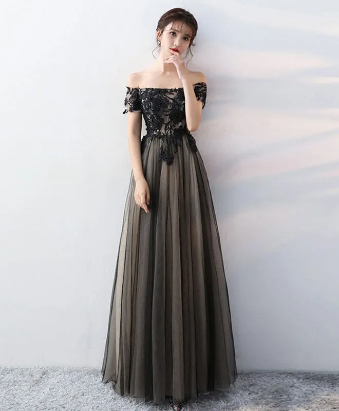 Black Lace Tulle Long Prom Dress, Black Formal Party Dress