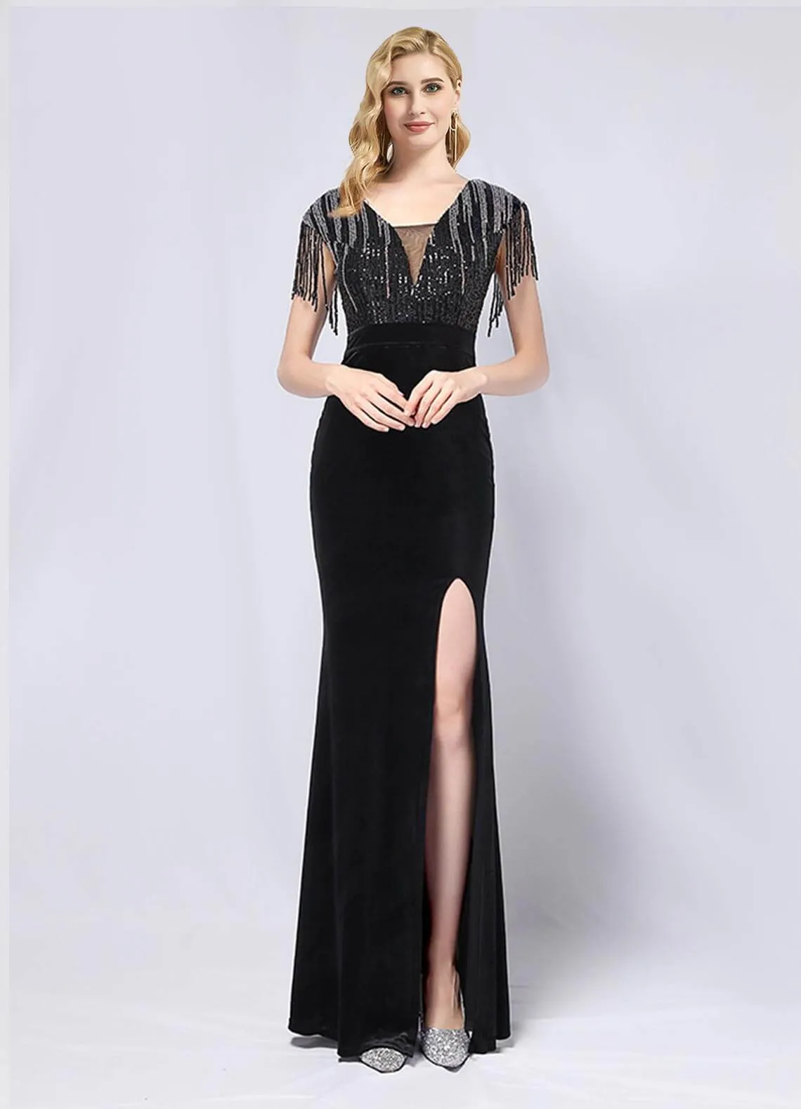 Black Velvet Sequin Tassels Mermaid Maxi Formal Gown With Slit