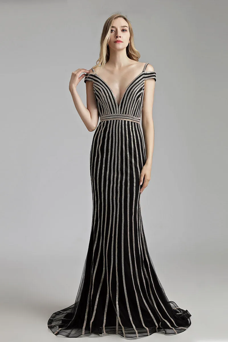 Black With Sliver Beading Mermaid Formal Long Evening Dress, LX497