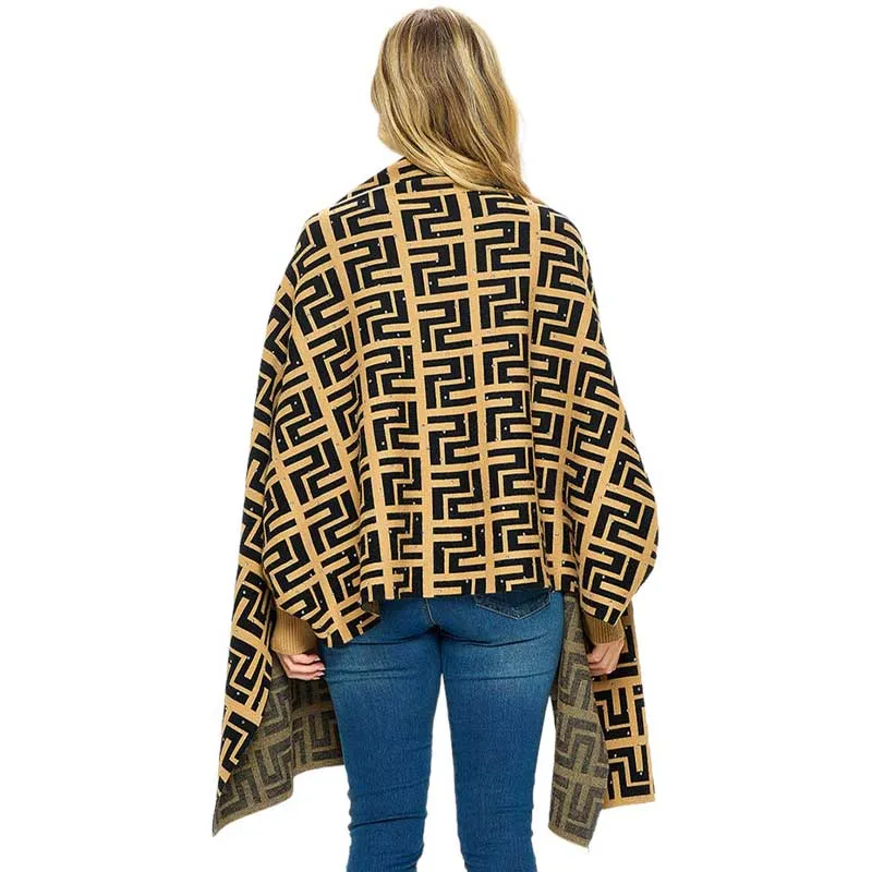 Bling Stone Embellished Patterned Sleeve Wrap Poncho Ruana