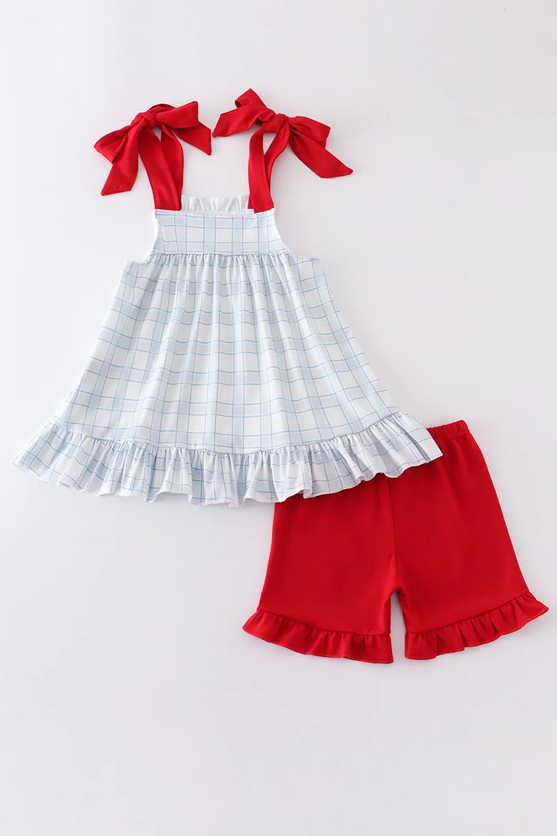 Blue plaid farm embroidery girl set