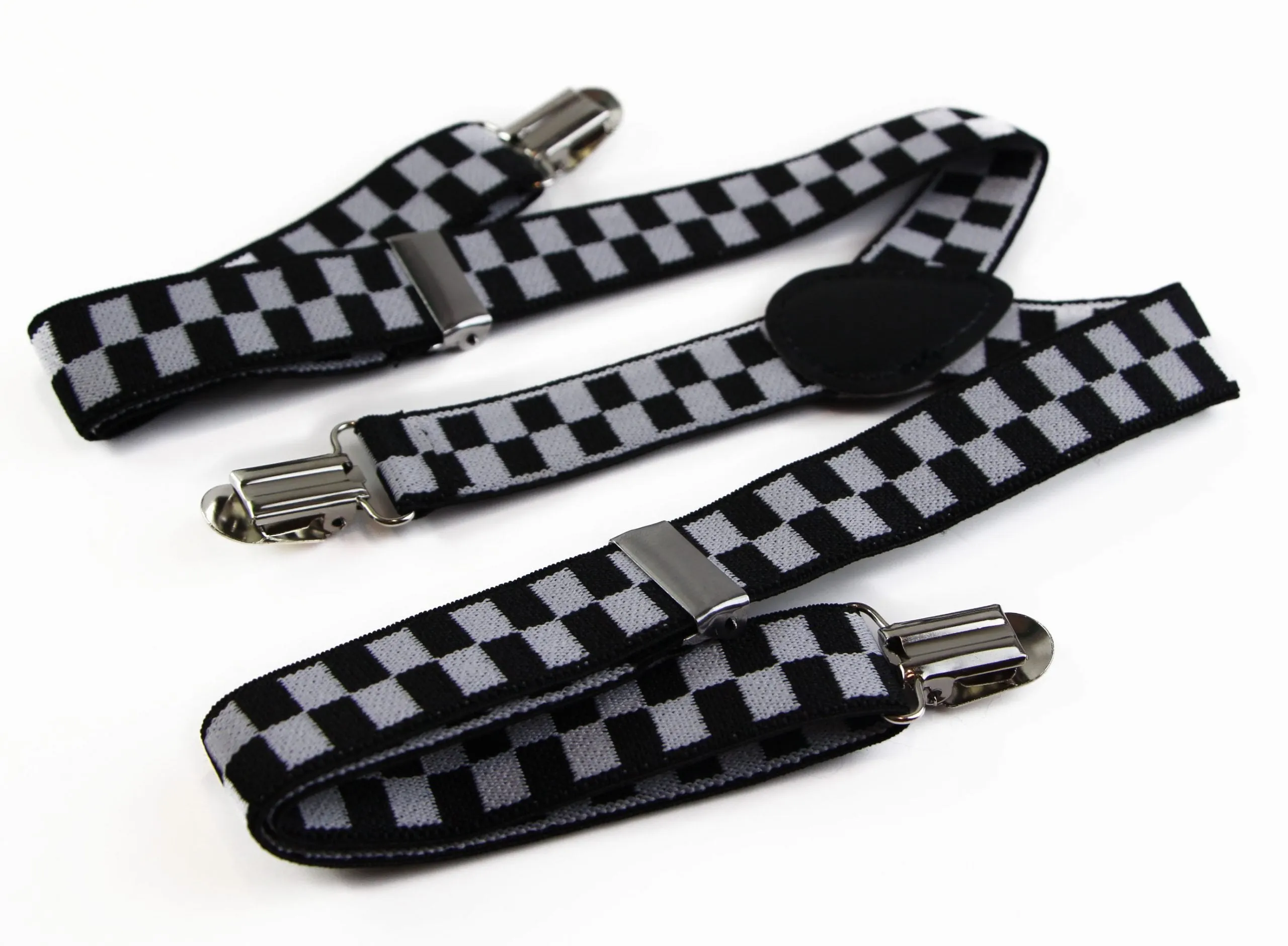 Boys Adjustable White & Black Checkered Patterned Suspenders