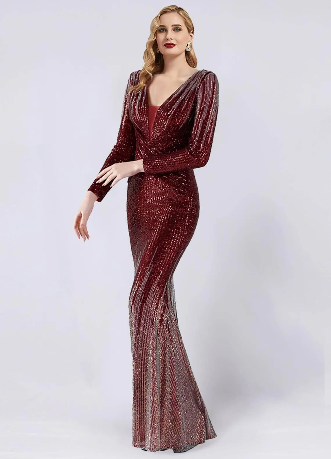 Burgundy Sequin Long Sleeve V-Neck Floor Length Formal Gown For Party