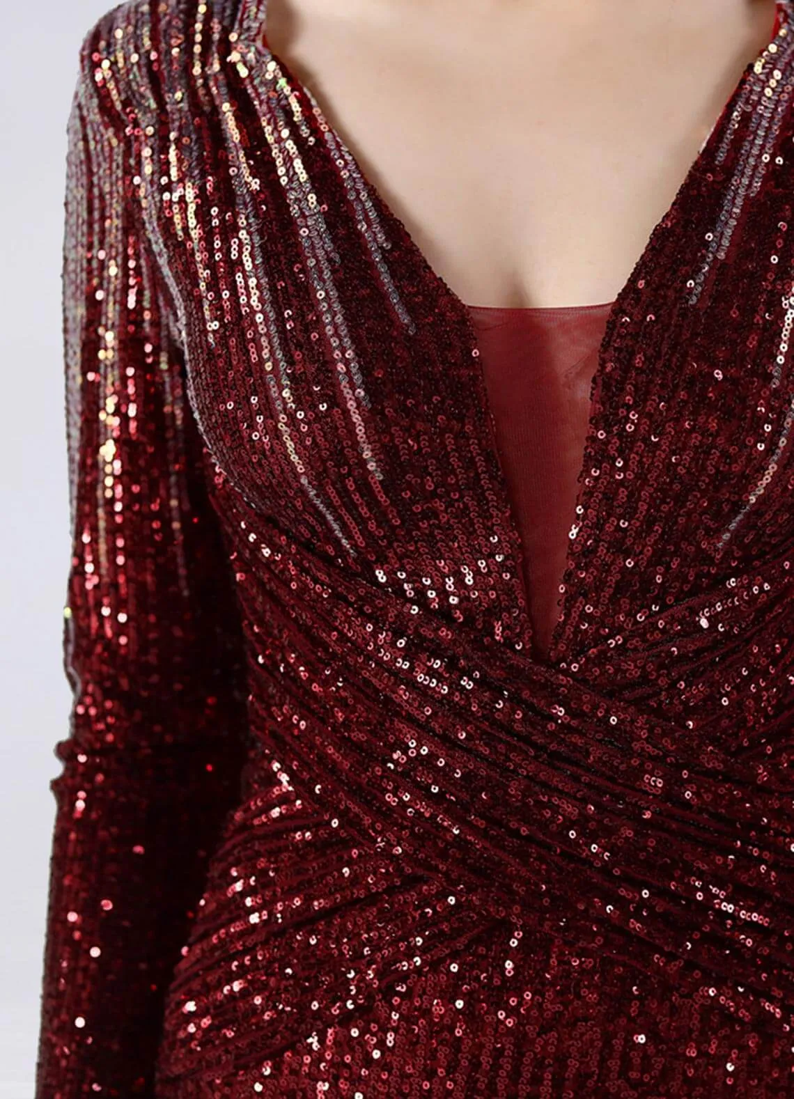 Burgundy Sequin Long Sleeve V-Neck Floor Length Formal Gown For Party