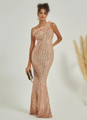 Champagne Gold Luxury One Shoulder Feather Sequin Mermaid Formal Gown