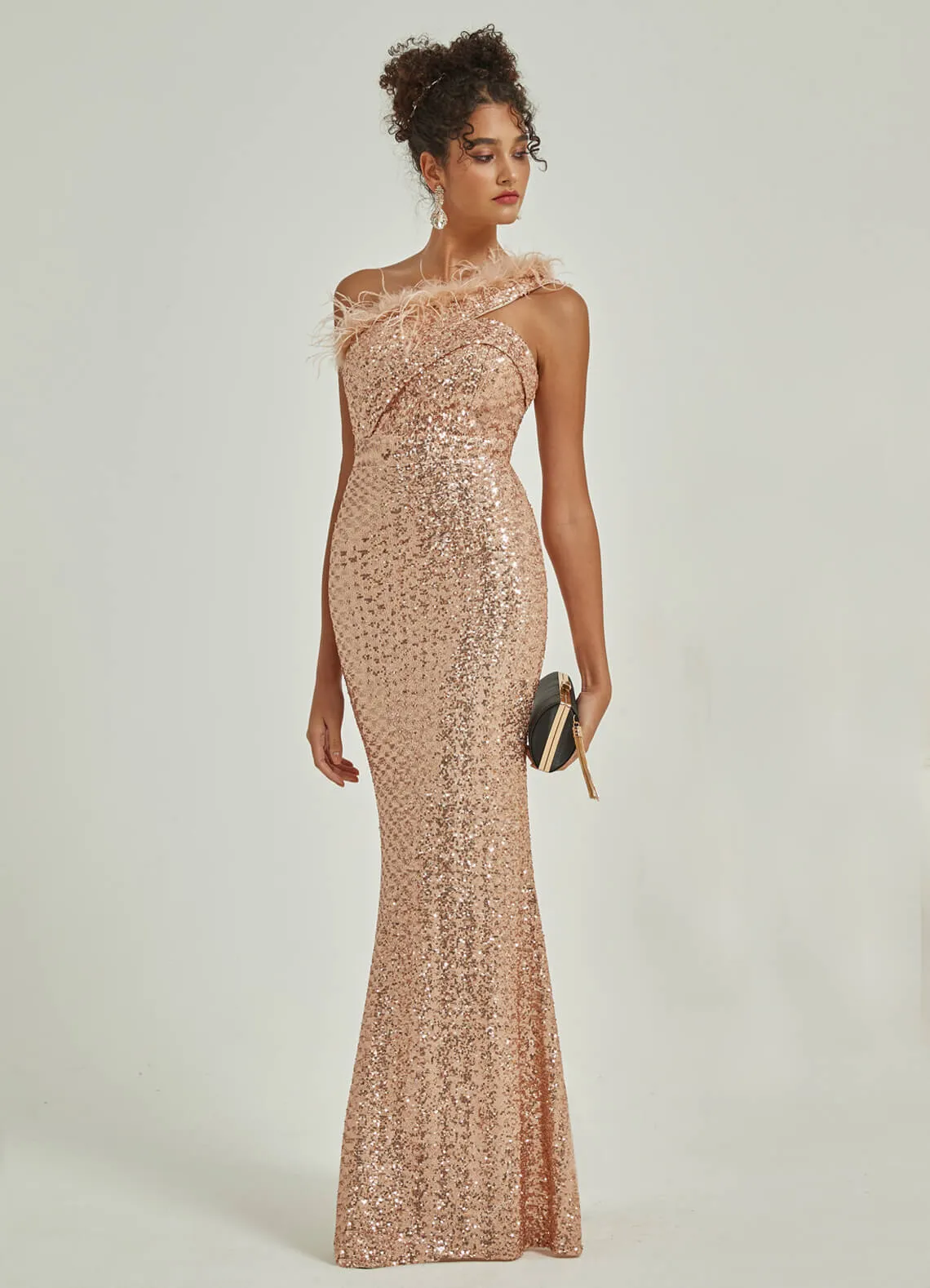 Champagne Gold Luxury One Shoulder Feather Sequin Mermaid Formal Gown