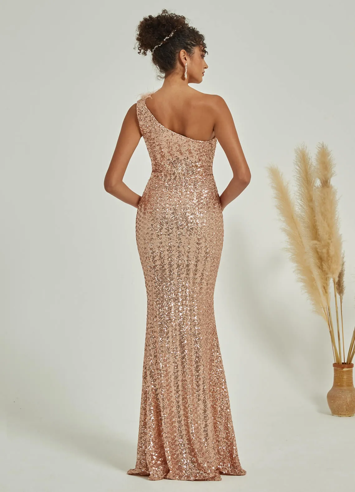 Champagne Gold Luxury One Shoulder Feather Sequin Mermaid Formal Gown