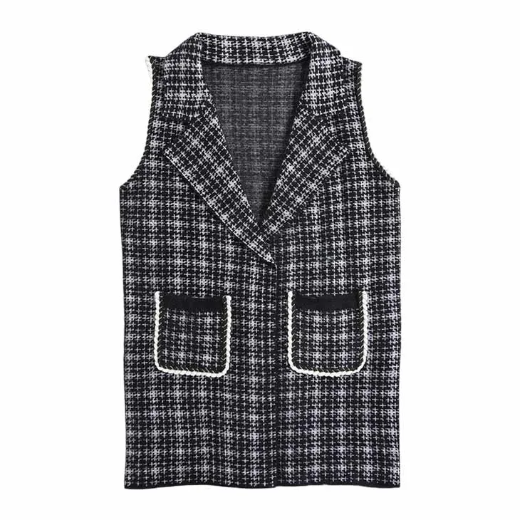 Check Patterned Front Pockets Vest