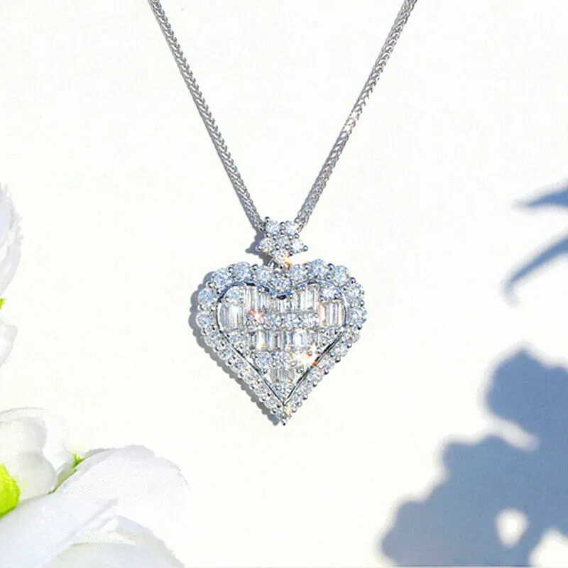 Created White Sapphire Baguette Heart Luxury Pendant Necklace