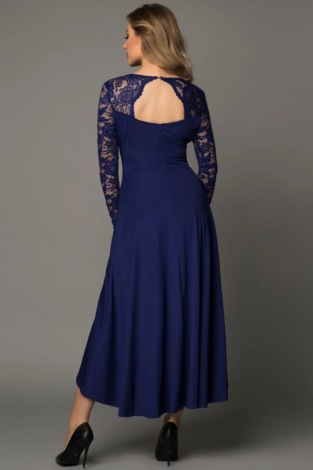 Dark Blue Lace Backless Formal Dress