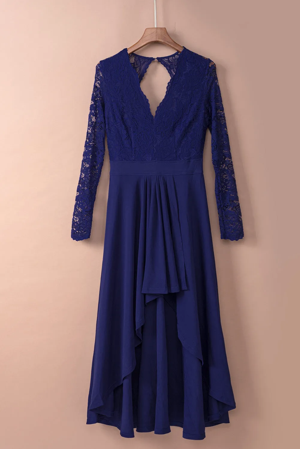 Dark Blue Lace Backless Formal Dress