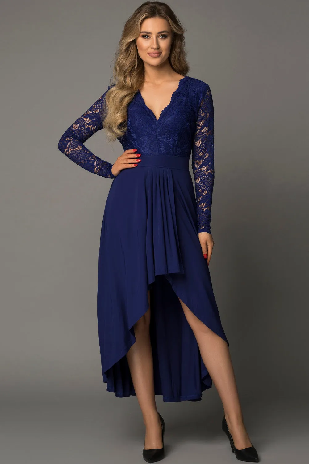 Dark Blue Lace Backless Formal Dress