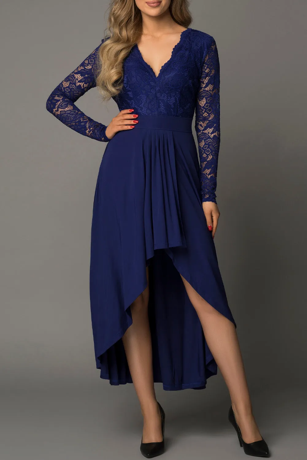 Dark Blue Lace Backless Formal Dress