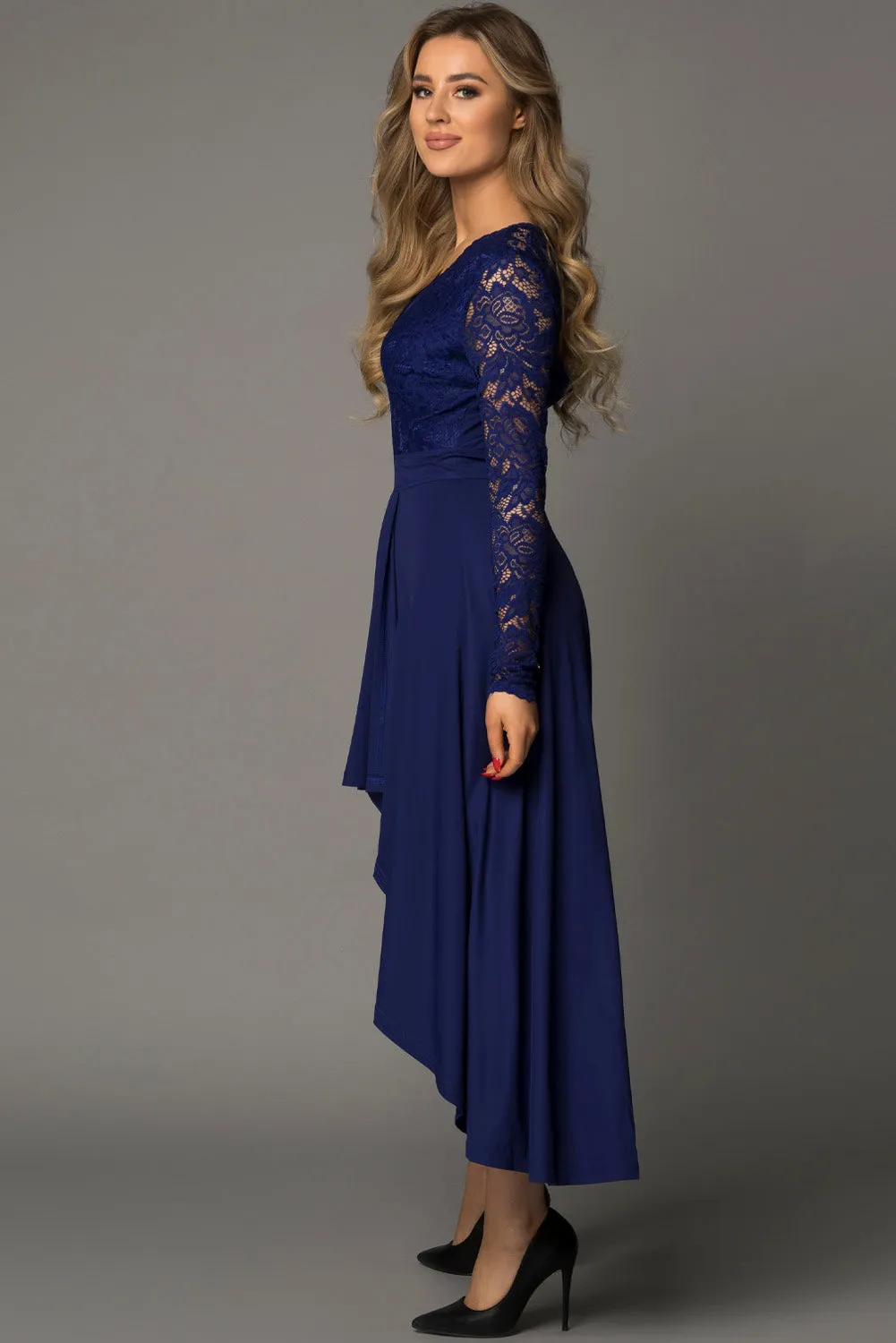 Dark Blue Lace Backless Formal Dress