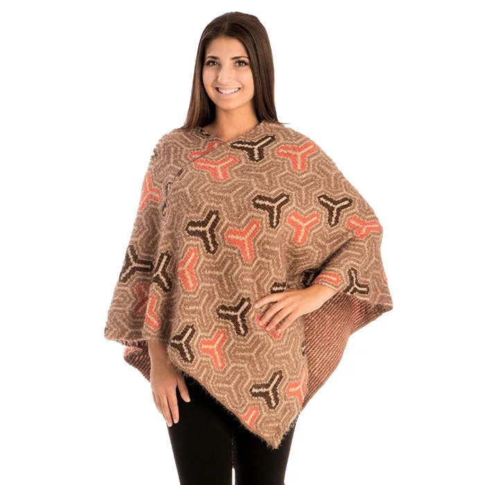 Fall Winter Patterned V-Neck Poncho