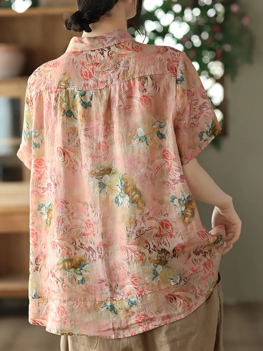 Floral Ramie Vintage Summer Women Loose Shirt