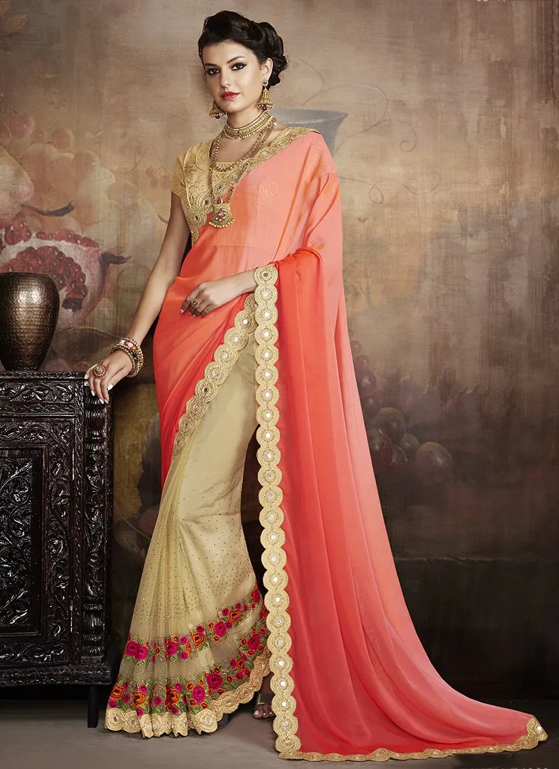 Georgette Formal Wear Embroidered Work Saree  - Peach