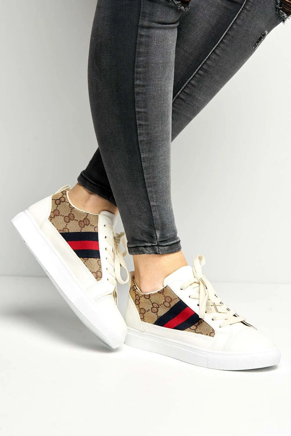 Goodie Three Stripe Patterned Lace-Up Trainers in Beige