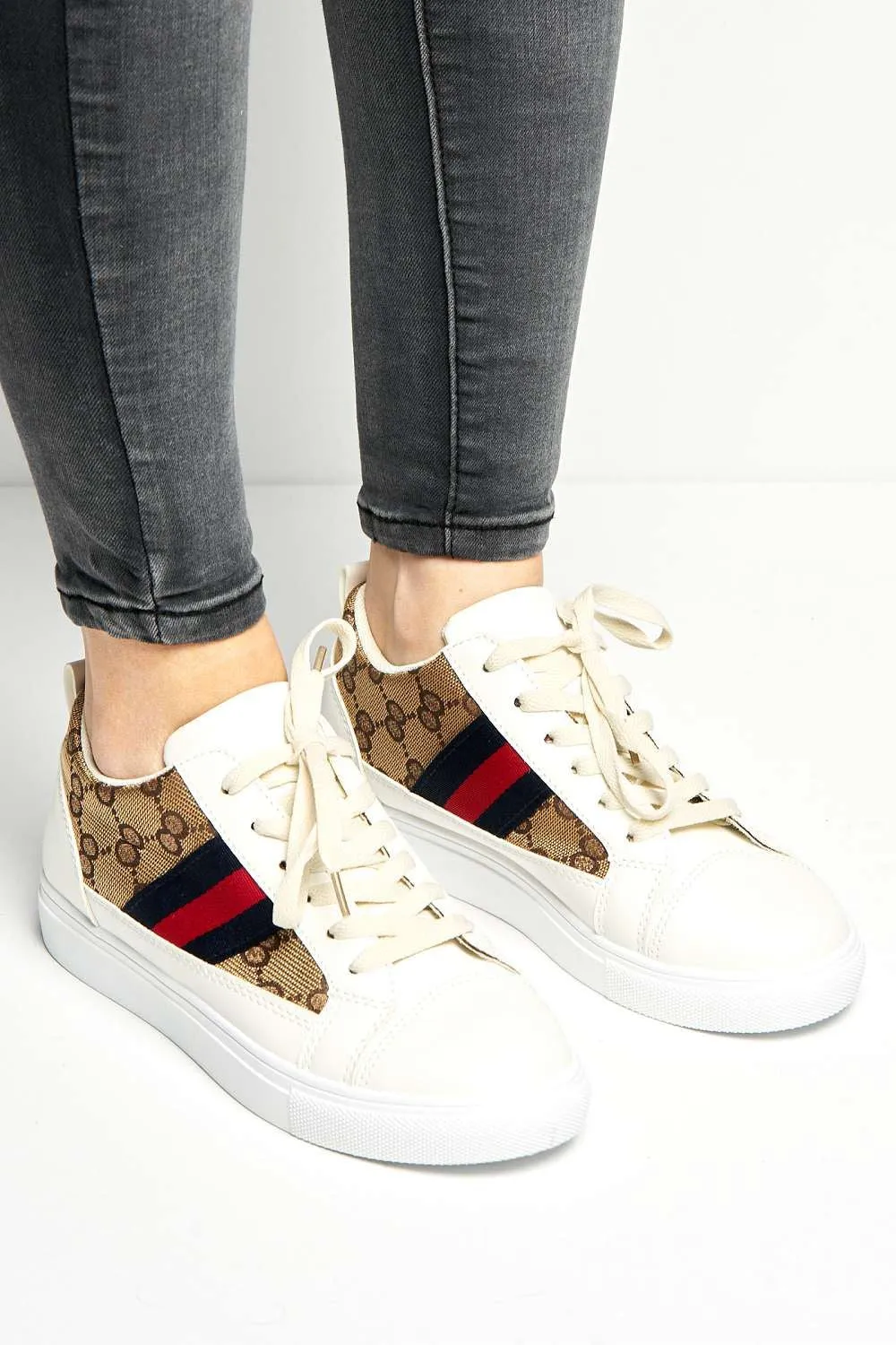 Goodie Three Stripe Patterned Lace-Up Trainers in Beige