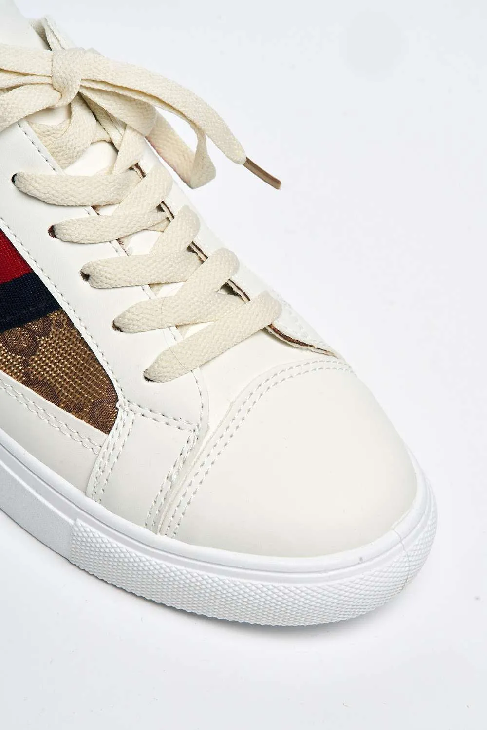 Goodie Three Stripe Patterned Lace-Up Trainers in Beige