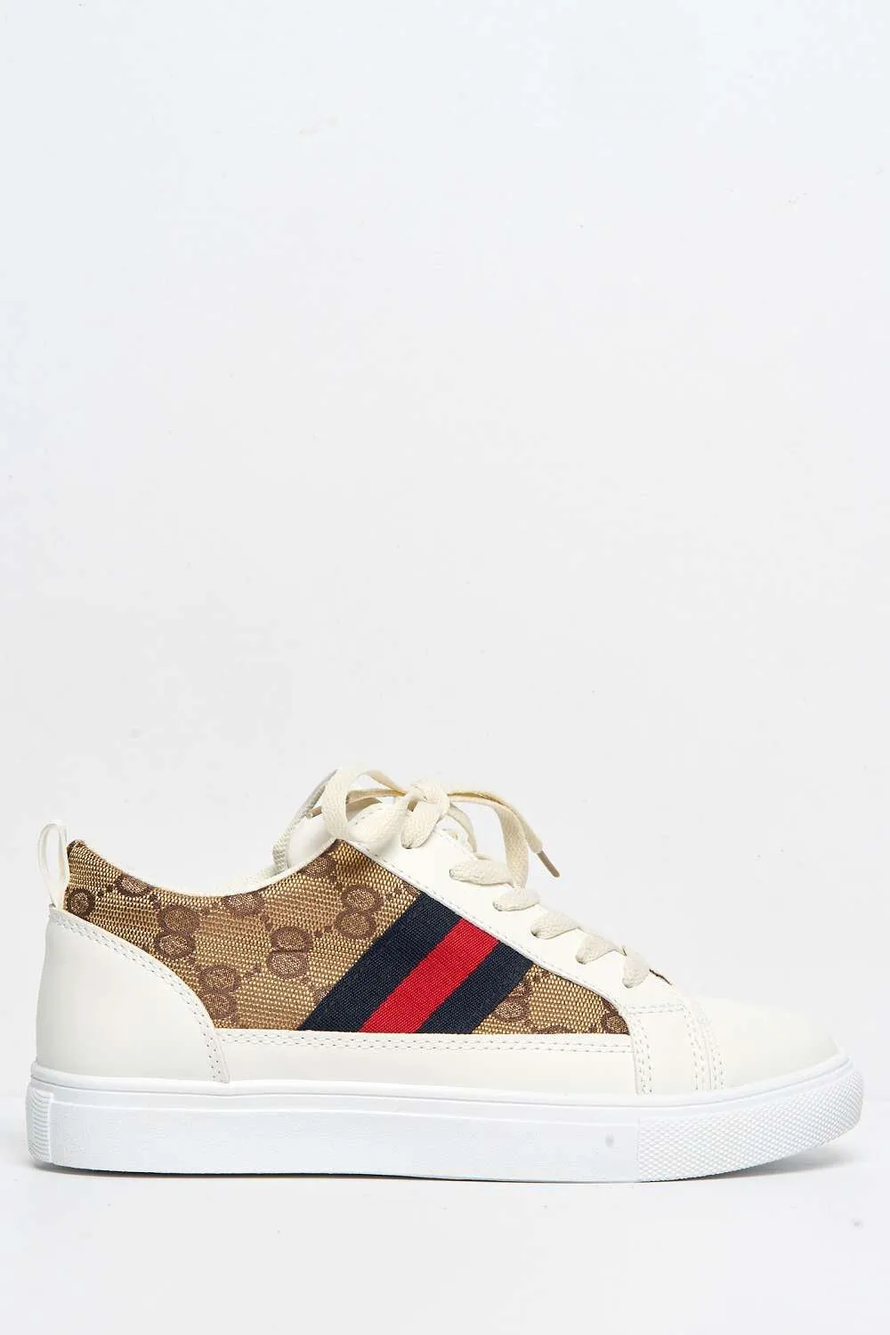 Goodie Three Stripe Patterned Lace-Up Trainers in Beige